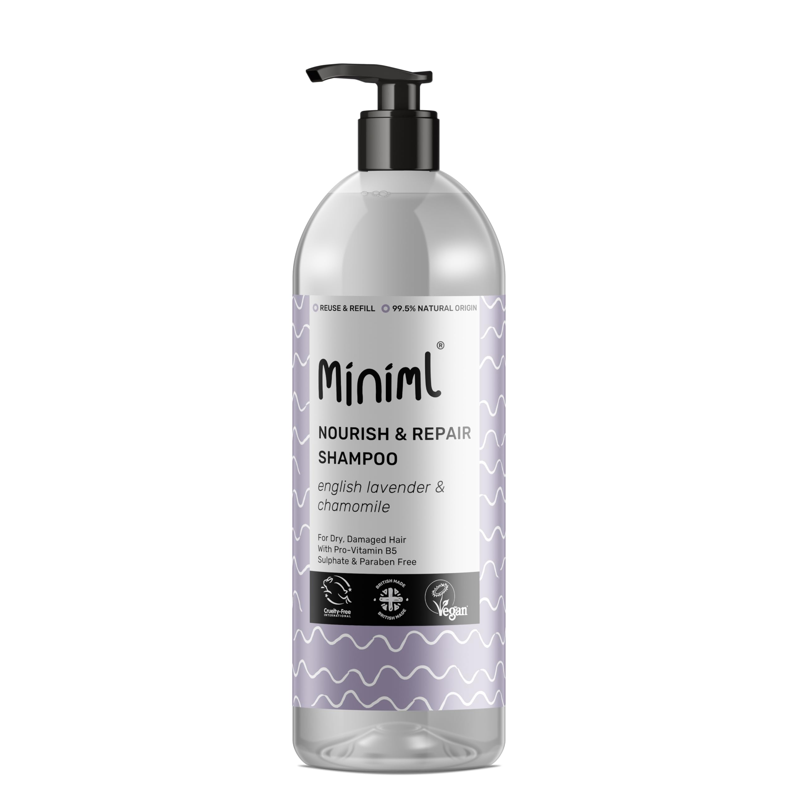 Miniml Natural English Lavender and Chamomile Shampoo - Nourish and Repair - For Dry, Damaged Hair with Pro-Vitamin B5 - Sulphate and Paraben Free, Vegan and Cruelty Free - 1L Bottle