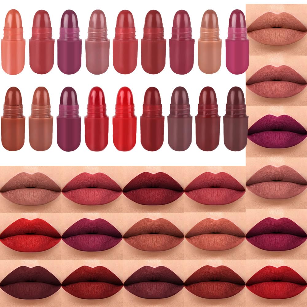 DNM - Juego de 18 lápices labiales en cápsula, mini mate, para mujer, de larga duración, Labiales Mate 24 Horas Originals, color rojo nude, permanente, permanente, mate, 24 horas y delineador de
