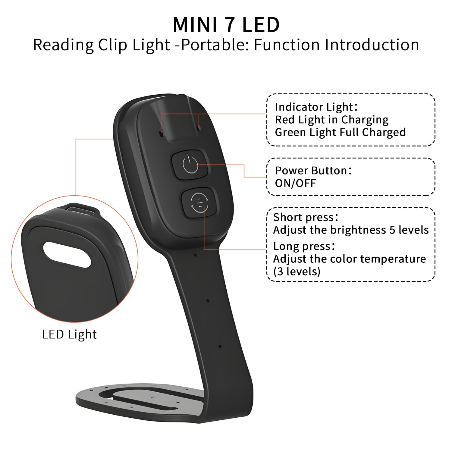 QUMOX Luz de Lectura LED Recargable con Clip – 7 LEDs, Brillo Ajustable, 3 Tonos de Luz, Compacta y Portátil para Viajes y Lectura Nocturna