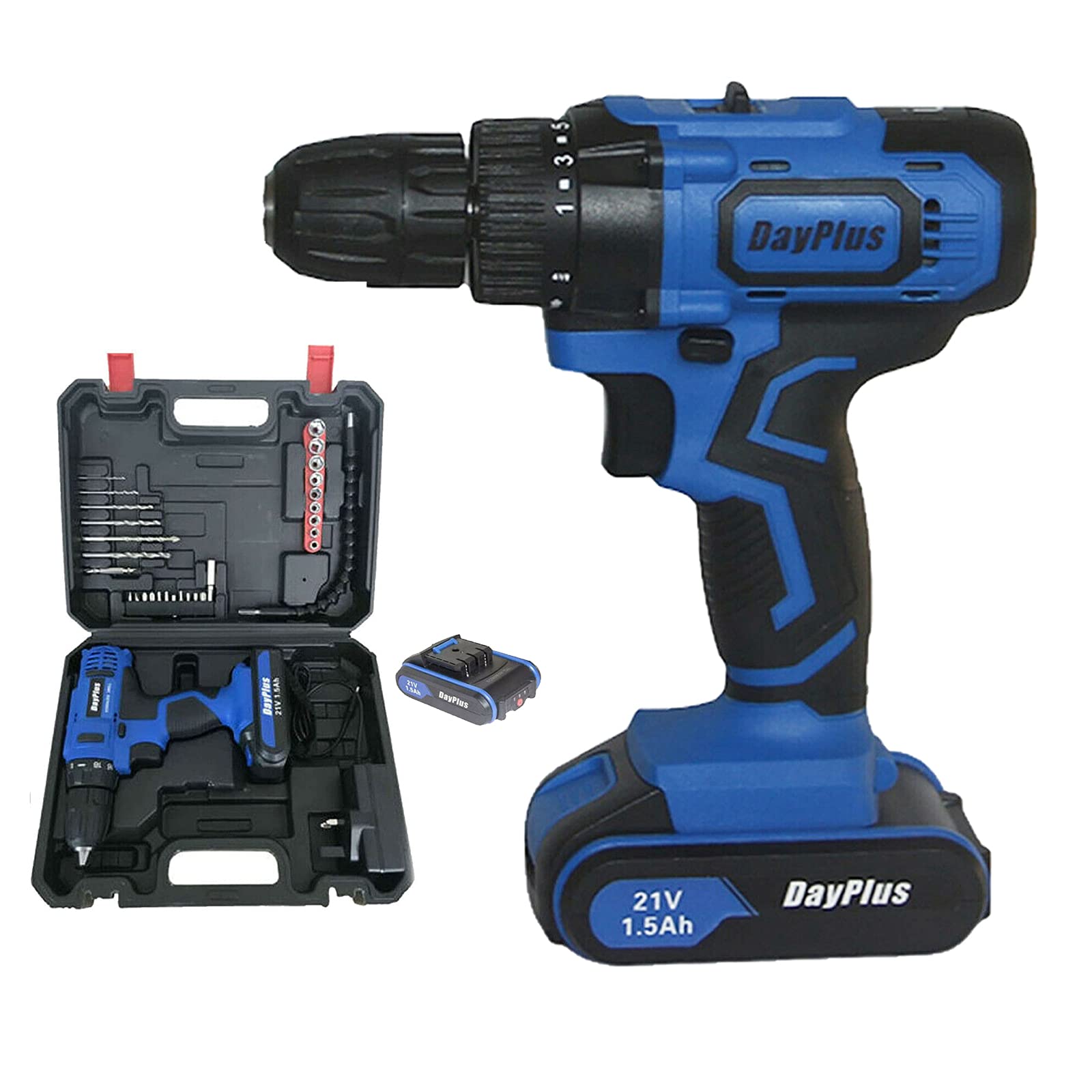 Dayplus Blue Cordless Combi Drill 45Nm, 2-In-1 Electric Drill Screwdriver With 2 × 1.5Ah Batteries, Impact Driver, 2 Speed, Built-In Led, 29Pc Accessory Kit + Carry Case