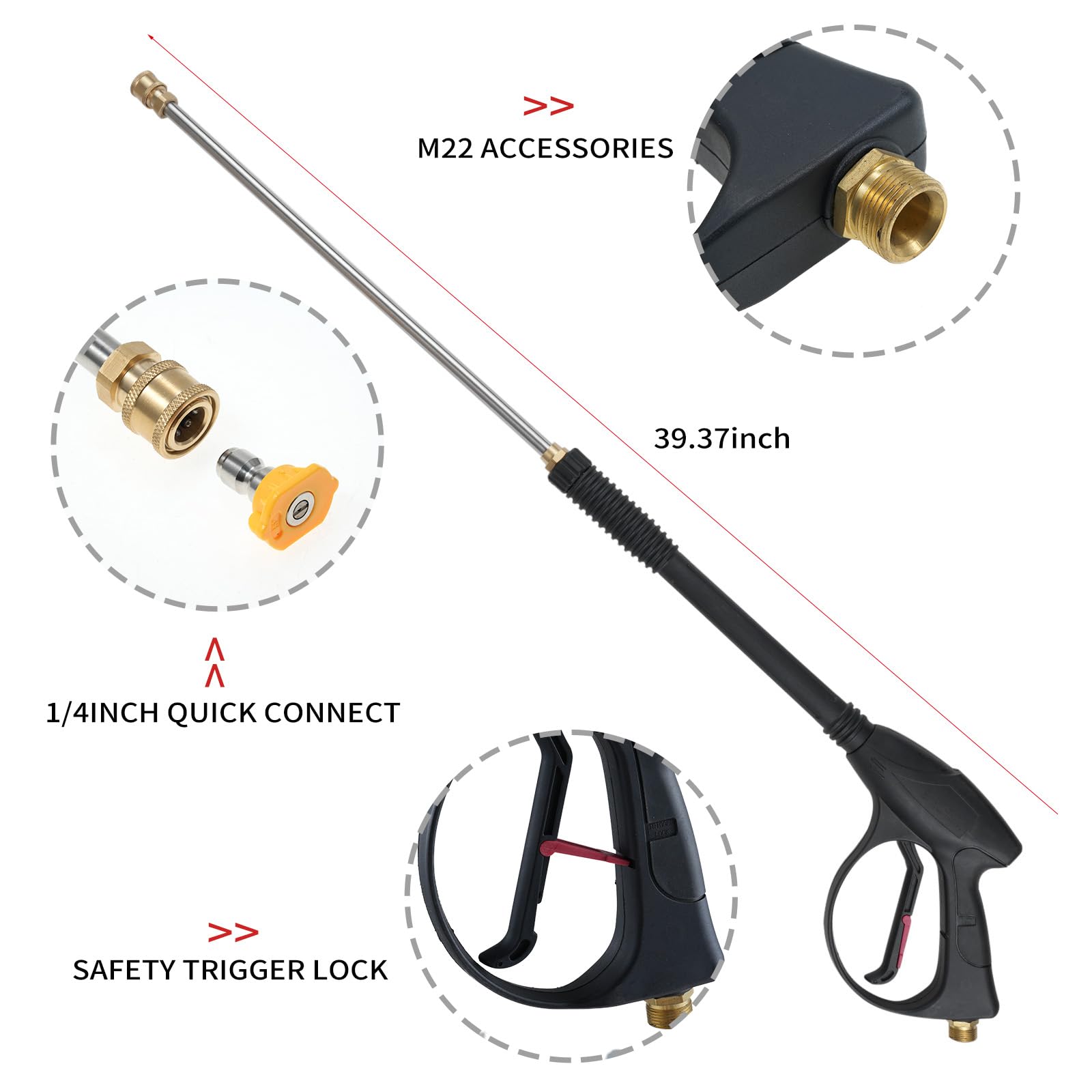 Shkalacar Pistola de alta presión de 5800 PSI (máx. 40 MPa), pistola de alta presión con juego de manguera M22 de 66 cm/26 pulgadas, conexión rápida de 1/4 pulgadas, 5 puntas de boquilla de colores