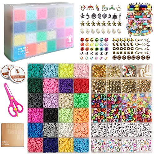 Kistart 7200 Clay Beads for Bracelets Making 2 Boxes Heishi Beads kit with Smiley Face Beads, Preppy Beads, Trendy Charms - 24 Colors Flat Round Polymer Clay Beads Bead Kit Christmas Gifts for Girl