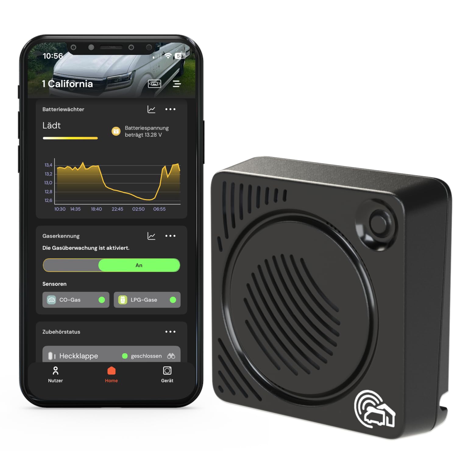 Gaswarner für das sonsor Alarmsystem - erkennt LPG (Propan, Butan) und CO (Kohlenstoffmonoxid) und warnt akustisch direkt vor Ort und über die kostenlose sonsor-App (schwarz)