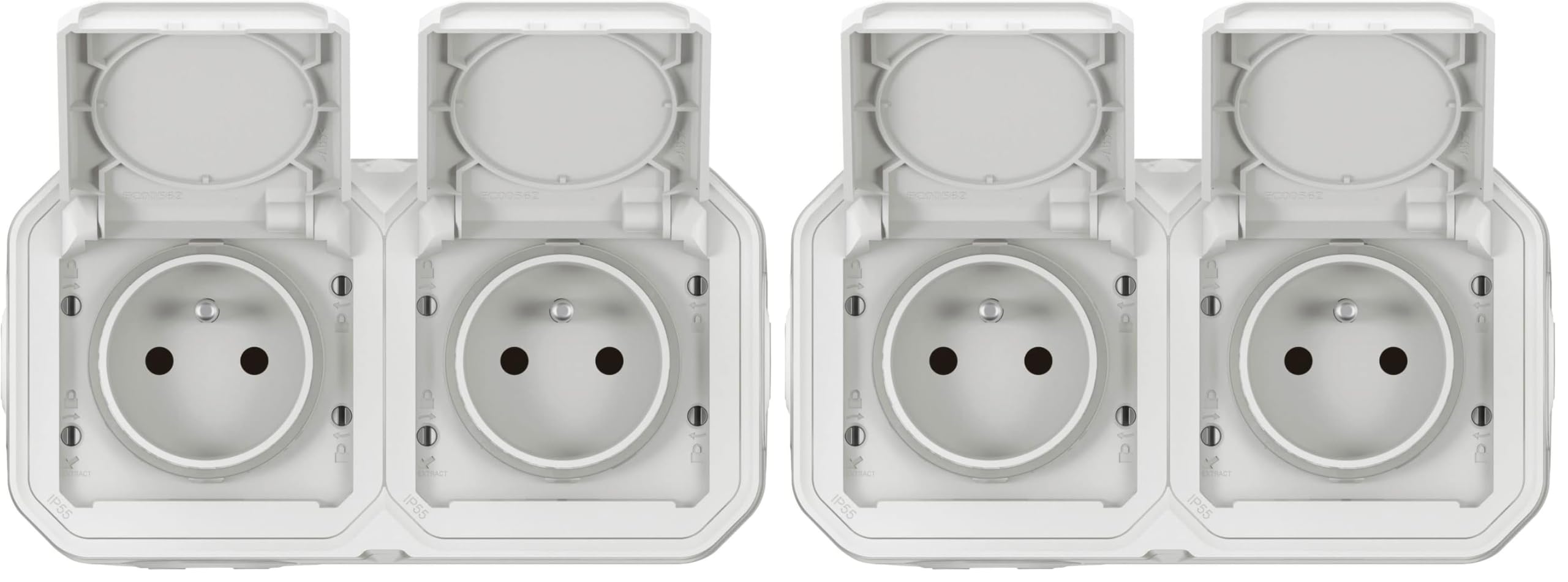 LEGRAND – Toma impermeable doble IP55 con tierra Plexo, toma 2P+T 16A completa con persiana, para colocación en aparente, montaje horizontal, fabricado en Francia, color blanco (Paquete de 2)