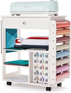 Organization and Storage Cart Compatible with Cricut Machine, Rolling Craft Storage Organizer with Vinyl Roll Holder, Crafting Cabinet Table Workstation for Craft Room Home - Patent Protected