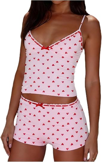 Tenopuli Women 2 Piece Lace Pajama Set Cute Heart Print Crop Cami Top Lounge Shorts Outfits Y2k Lace Trim Holiday Sleepwear