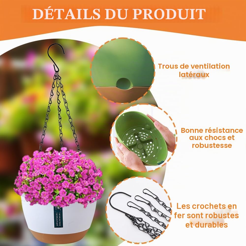 Lot de 3 pots de fleurs suspendus avec trous de drainage et soucoupes, support de plantes à suspendre pour intérieur et extérieur, panier suspendu pour plantes et fleurs (gris foncé)