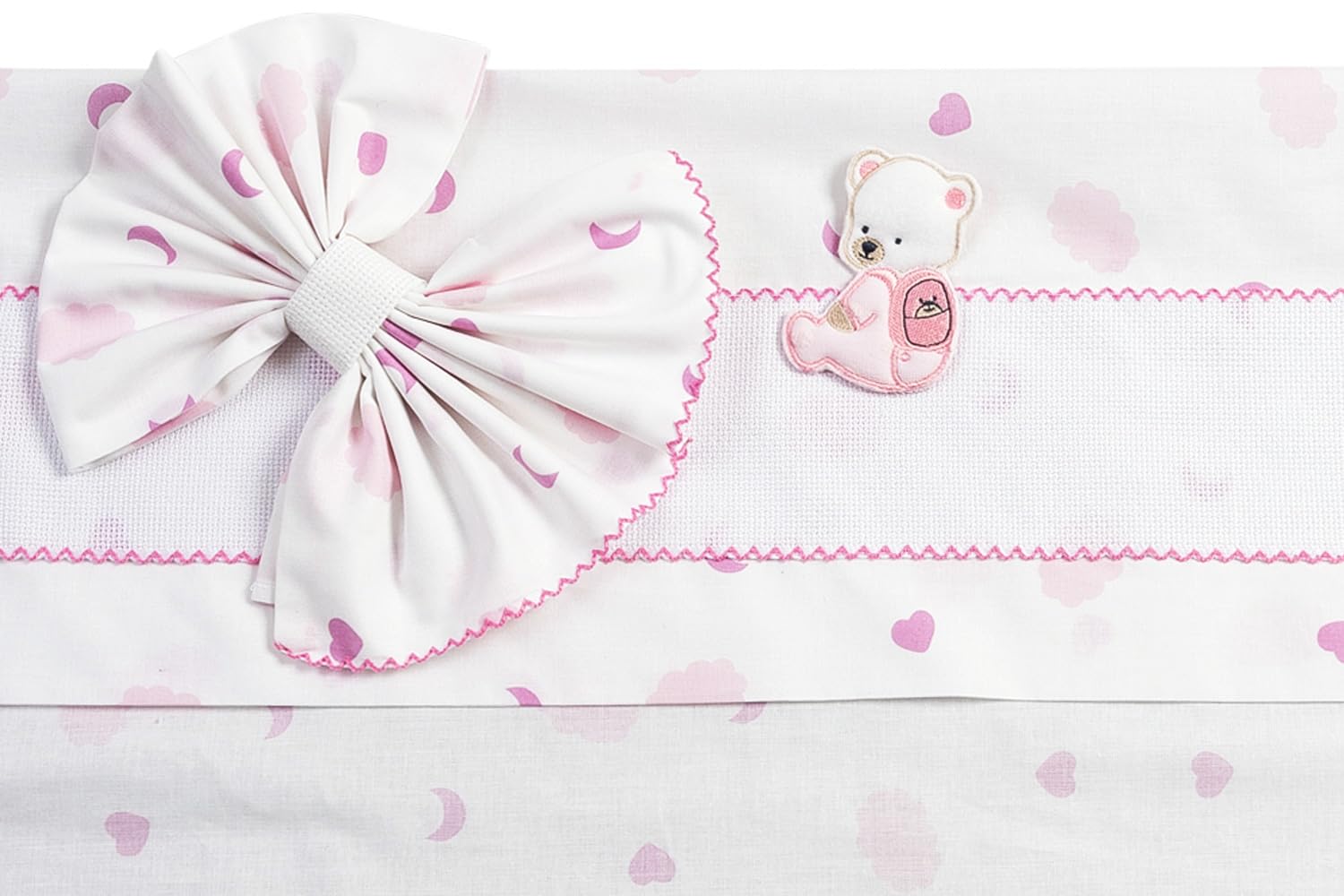 Filet - Set of 3 Sheets for Pram in Pink Pattern, 1 Fitted Bottom Sheet, 1 Top Sheet with Embroidered Aida Band and 1 Pillowcase, Made in Italy, Pink
