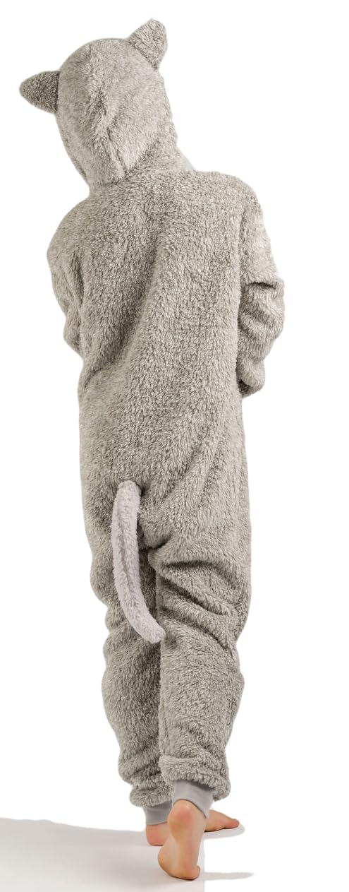 Tutina per ragazzi o ragazze in pile super morbido nero bianco gatto gattino con coda – Costume da animale AllinOnes per bambini dai 2 ai 13 anni