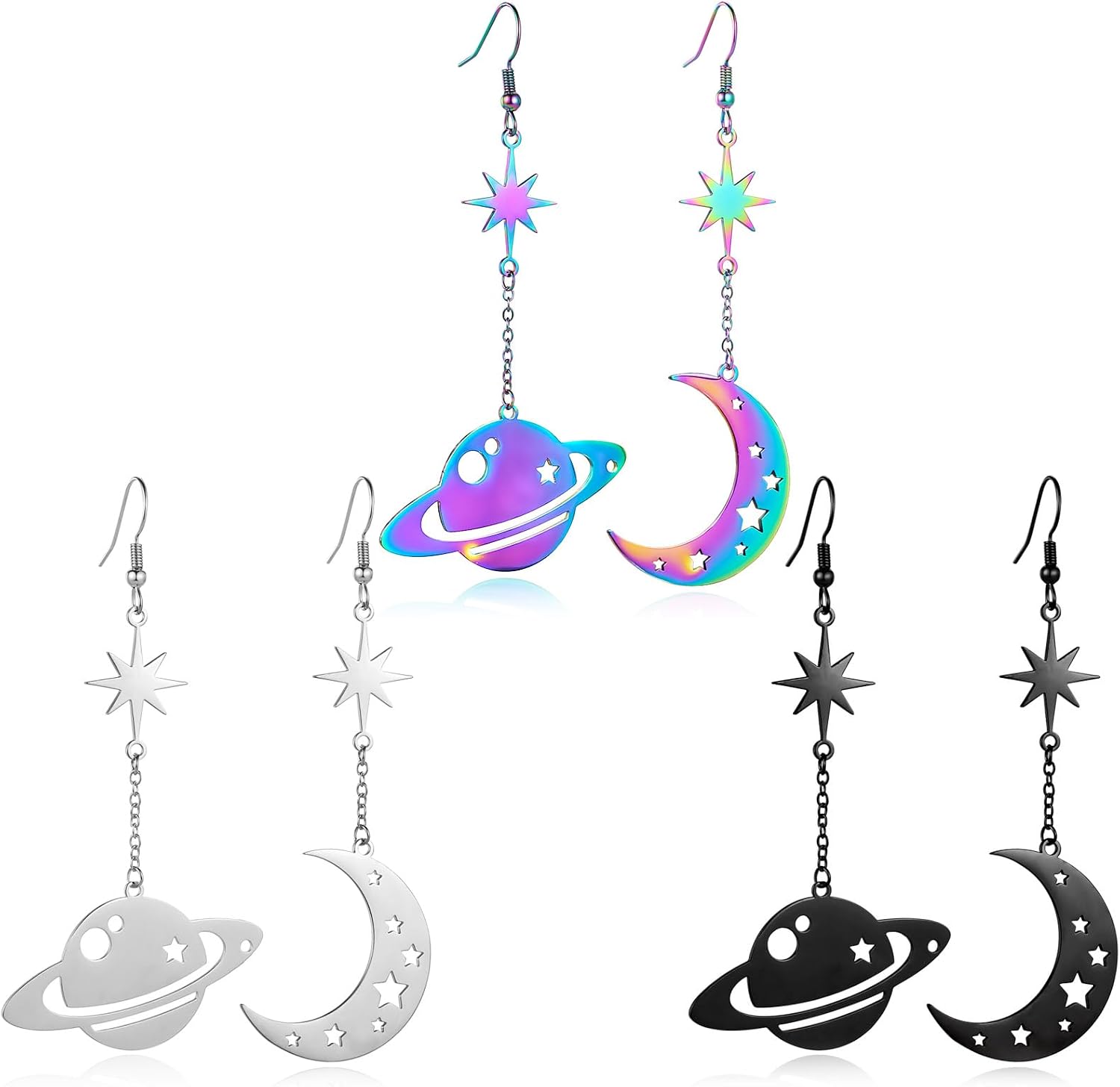 REELMAR Space Dangle Earrings for Women Asymmetrical Celestial Moon Star Saturn Earrings Dangling Crescent Moon Planet Drops Gorgeous Mysterious Space Statement Jewelry