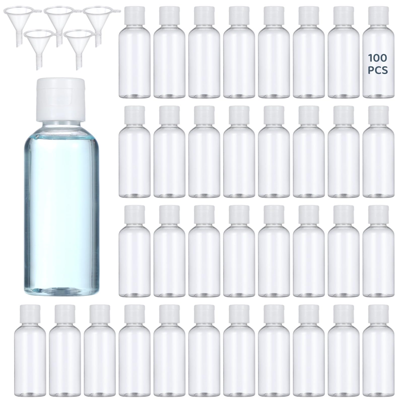 100 Pack 2 oz Plastic Empty Travel Bottles with Flip Cap 60ml Travel Size Containers Portable Leak Proof Clear Plastic Bottles Refillable Dispensing