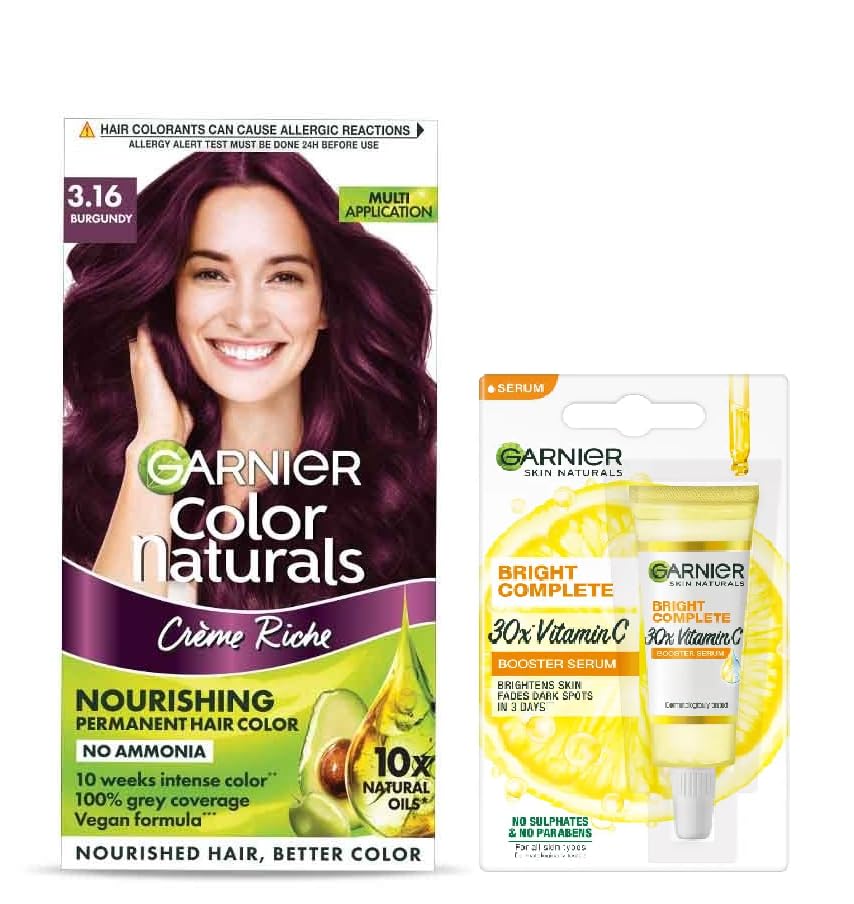 Garnier Color Naturals Creme Hair Color – 3.16 Burgundy (70ml+60g) + Bright Complete Vitamin C serum 7ml (2 ITEM IN SET)