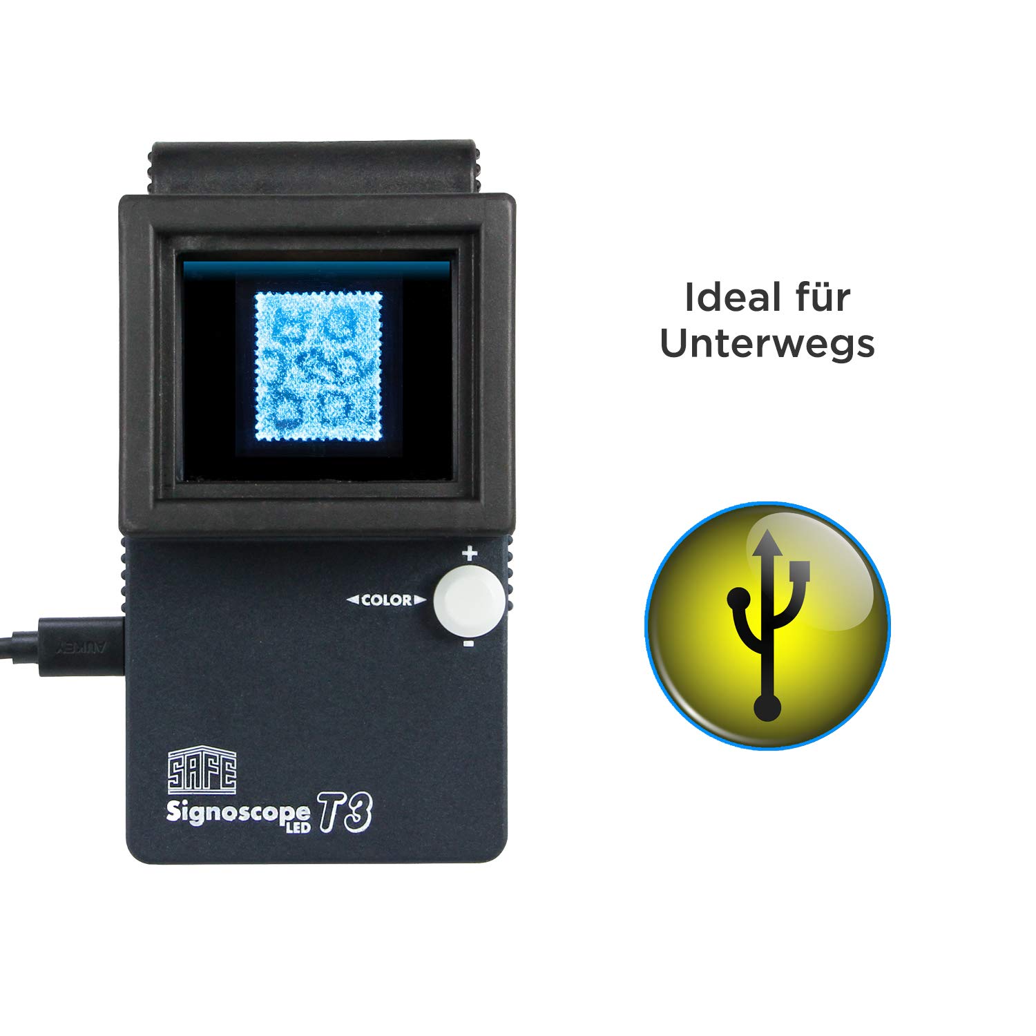 SAFE 9893 Signoscope T3 avec Powerbank – Appareil de détection de filigranes sans Produits Chimiques – LEDs réglables 8 Couleurs – pour Timbres – Portable & précis