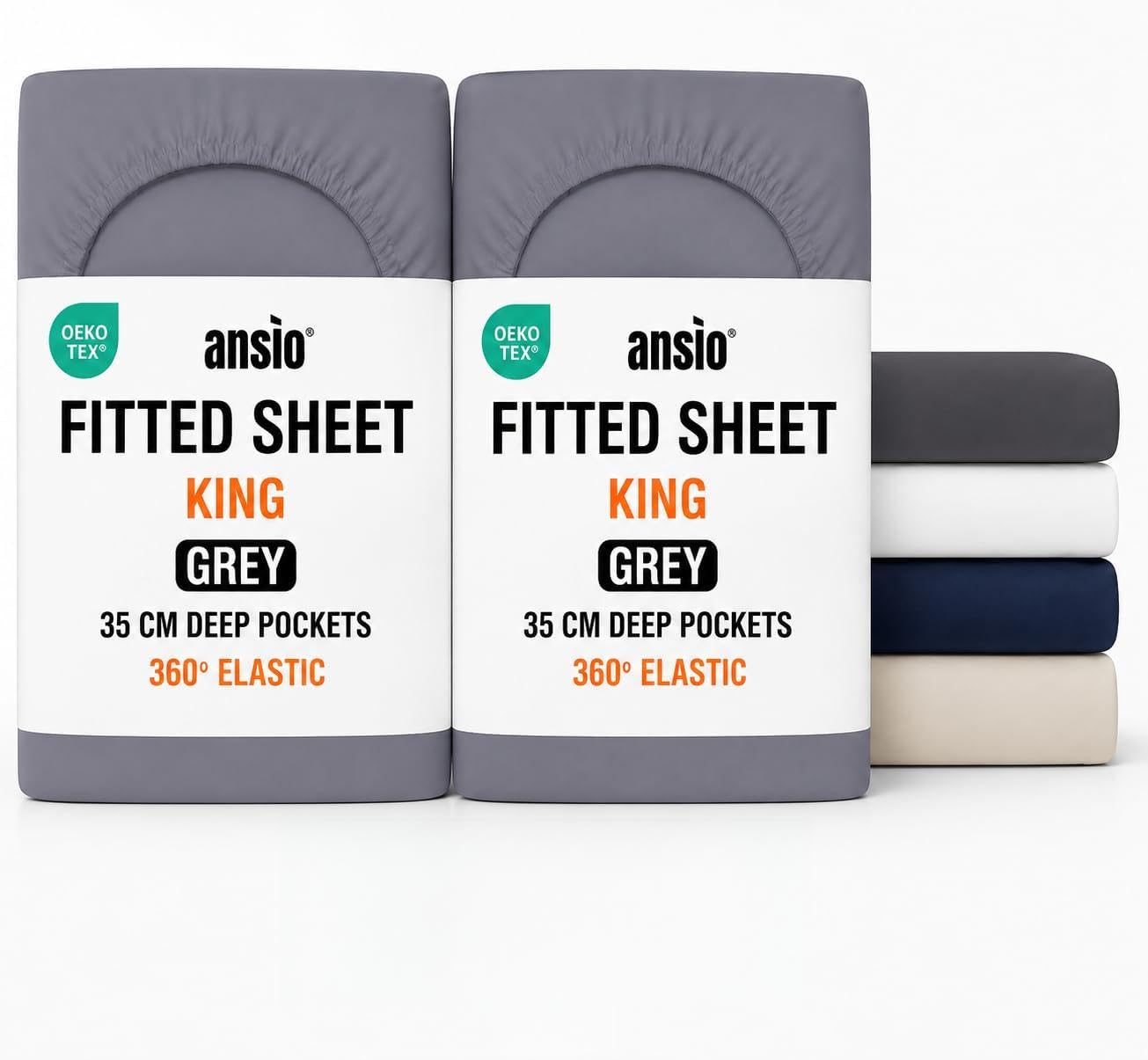 ANSIO® King Size (2 Pack) Fitted Sheet Soft Brushed Microfibre Fabric – Extra Deep Pocket 35cm – All-Around Elastic – OEKO-TEX Certified – Easy Care & Naturally Smooth After Wash - Grey