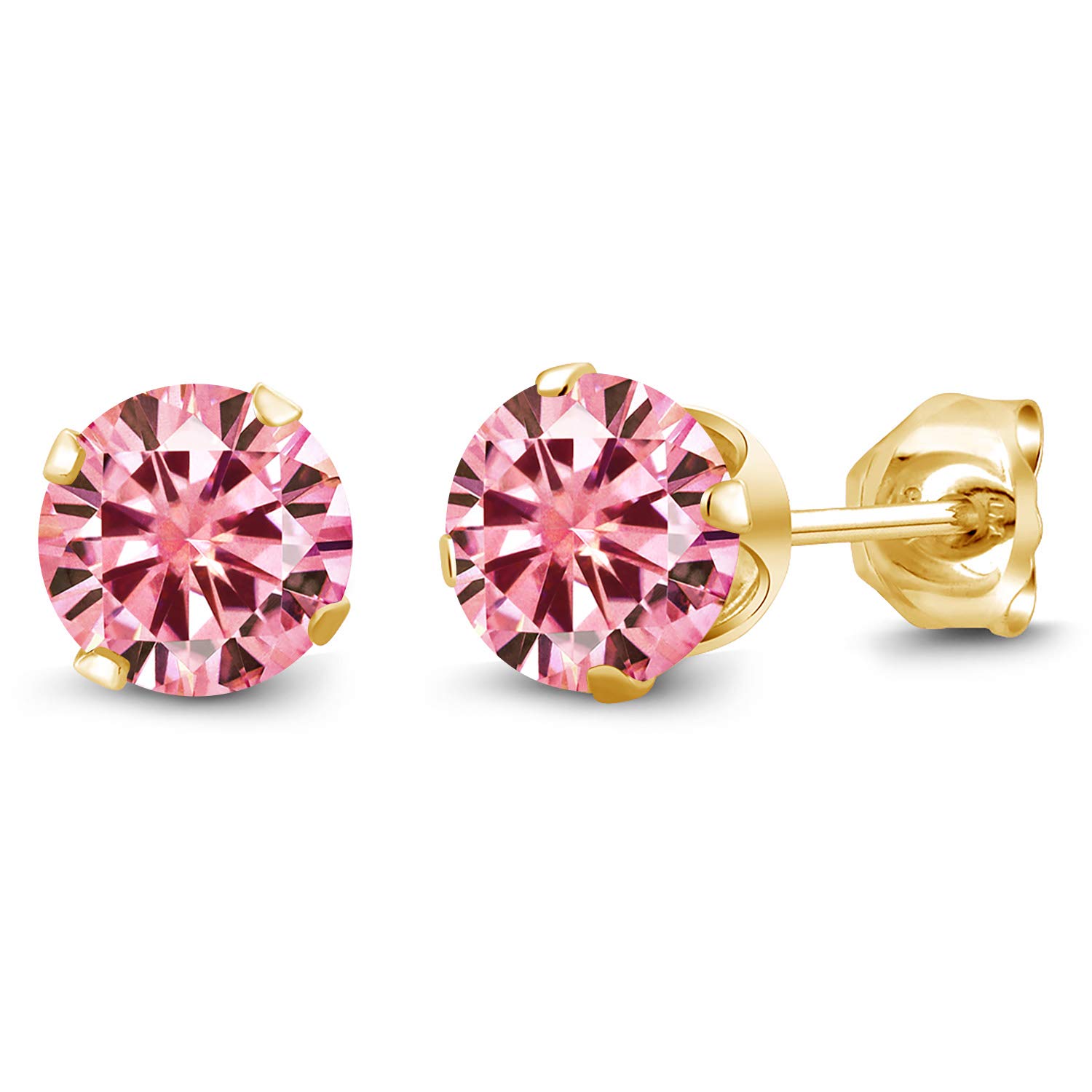 Gem Stone King 18K Yellow Gold Plated Silver Pink Moissanite Stud Earrings For Women Men | Round 5MM | 1.00 Cttw