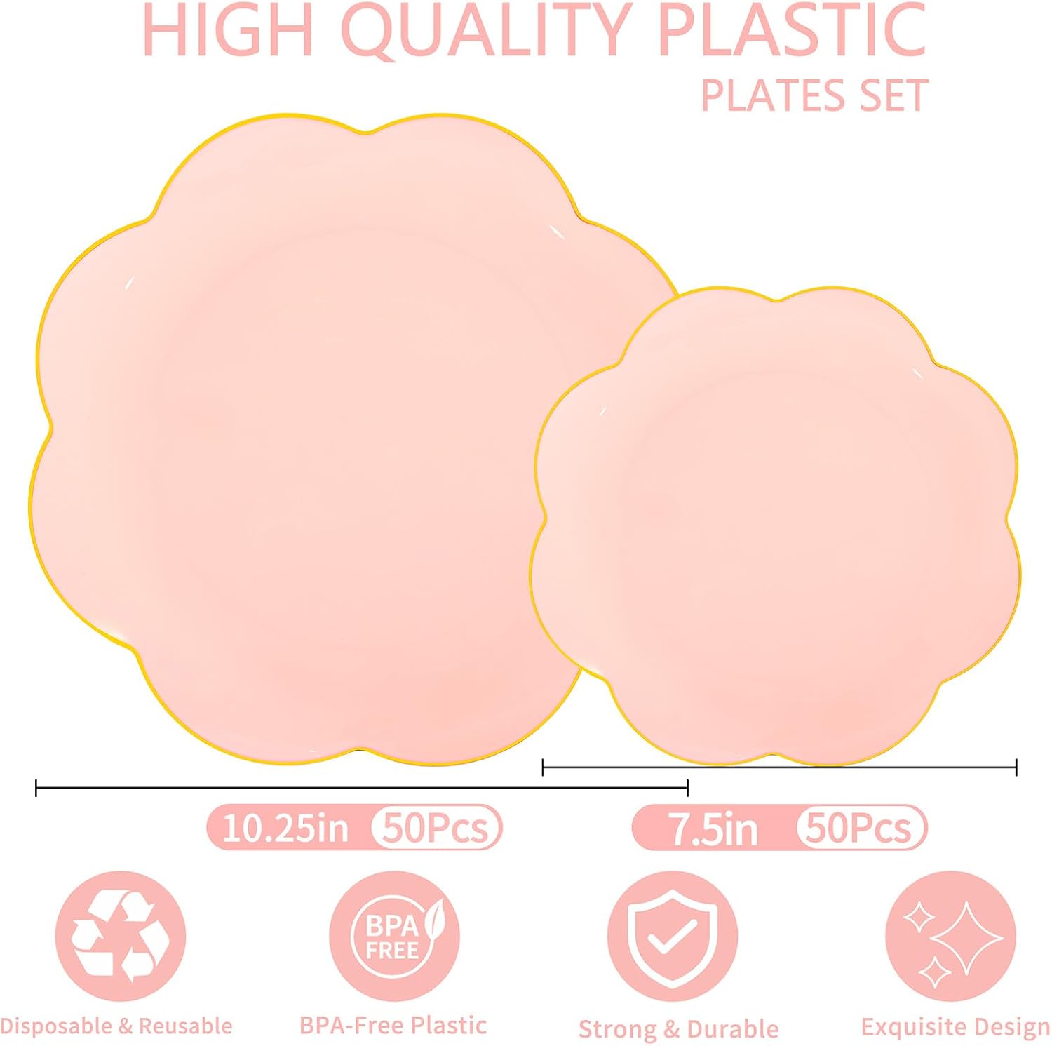 LIYH 100 Pcs Pink Plastic Plates with Flower Gold Edge - Pink and Gold Disposable Combo Plates Includes Dessert & Dinner Plate Tableware Dishes for Birthday Party Valentine's Mother's Day - Image 3