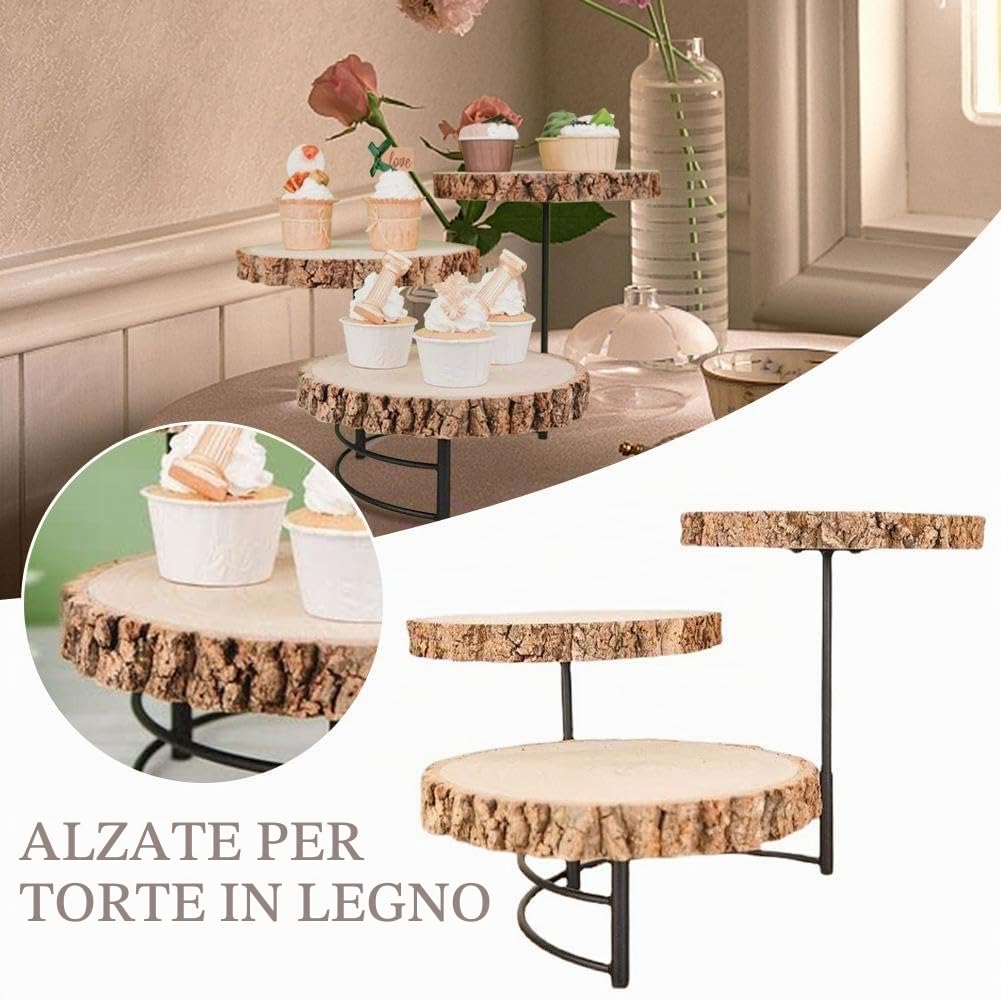 Alzata in Legno a 3 Ripiani per Torte Nuziali, Sottobicchieri in Legno per Decorazioni Domestiche e Natalizie