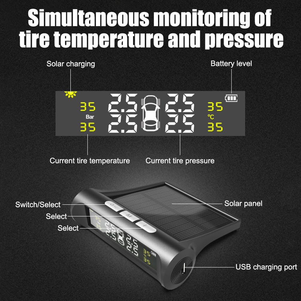 MiOYOOW Sistema di monitoraggio della pressione dei pneumatici TPMS, impermeabile, controllo della pressione dei pneumatici, a risparmio energetico, a energia solare, per veicoli e camper