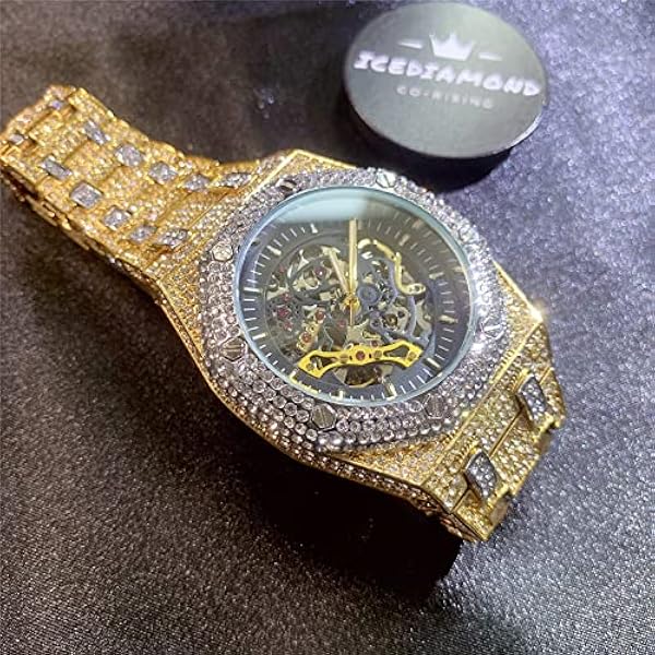 HALOKAIYA ICEDIAMOND Orologio da polso meccanico automatico traforato ghiacciato, orologio da uomo di lusso con quadrante scheletrato a carica manuale con diamante CZ completamente lucido