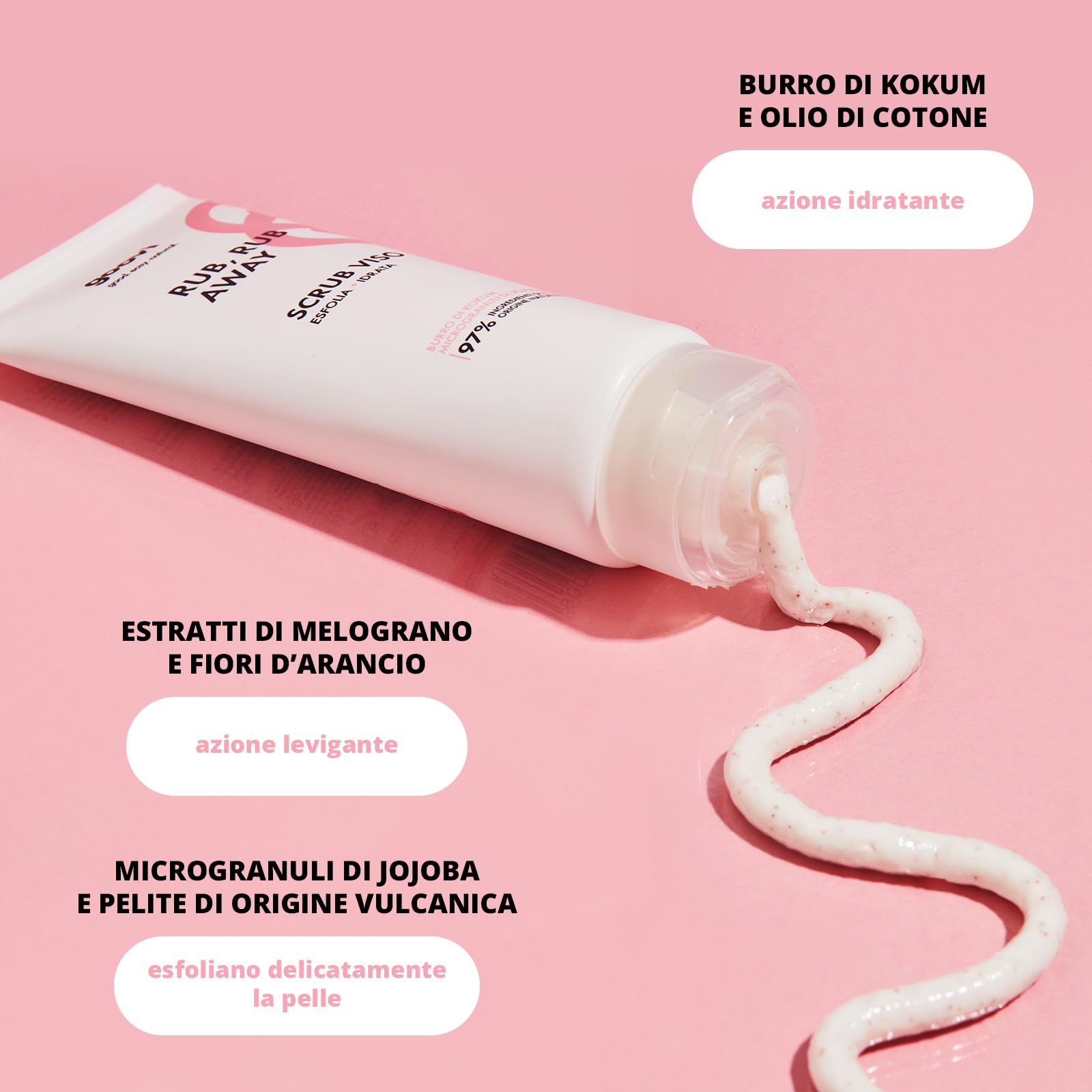Goovi, Rub Rub Away Scrub Viso Delicato, Esfoliante e Idratante con Burro di Kokum e Olio di Cotone Antiossidante e Rigenerante, Formula con Microgranuli di Jojoba Effetto Peeling, Formato da 75 ml