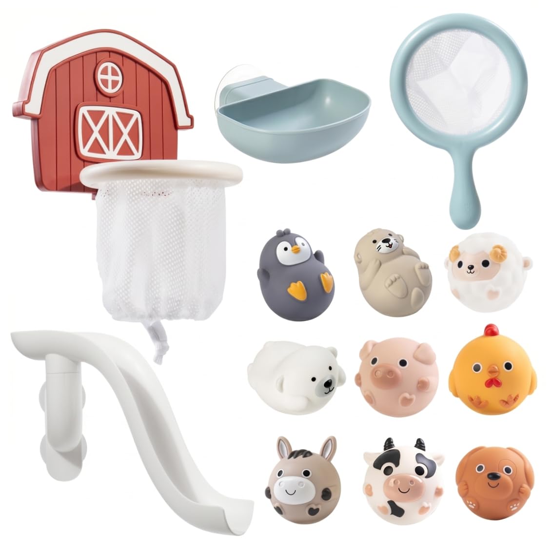 Badespielzeug für Kinder, 13 Teile/Set, Badespielzeug, Rutsche mit schwimmendem Tier-Reifennetz, interaktives Badewannen-Spielset, ideal für Babys, Mädchen und Jungen