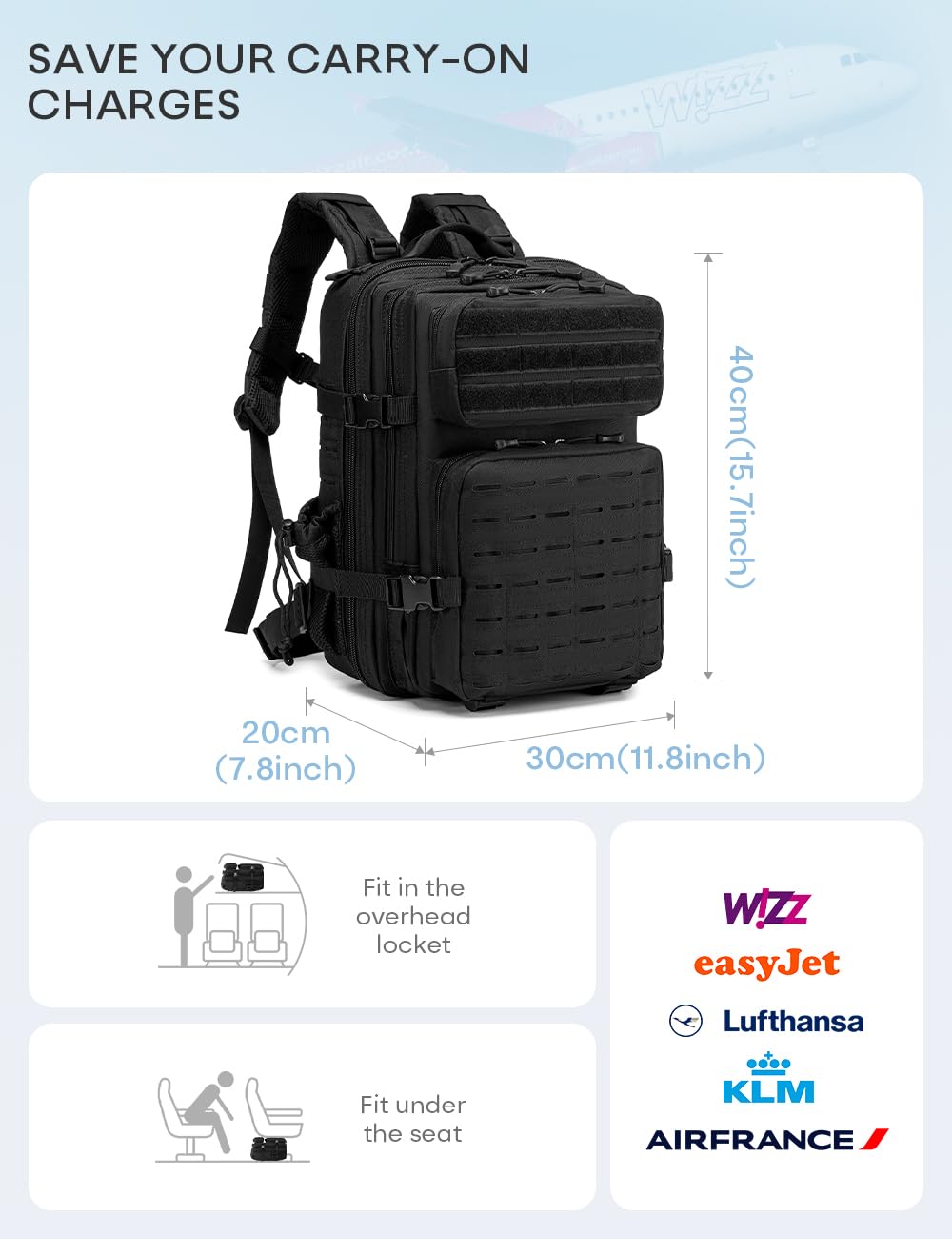 BAGZY Zaino Tattico Militare 25L, 3 Giorni Zaino da Viaggio Grande Capacità Zaini Escursionismo Impermeabile per Caccia, Trekking, Moto, Trekking e Campeggio Zainetto Aereo 40x30x20 Wizzair Donna Uomo