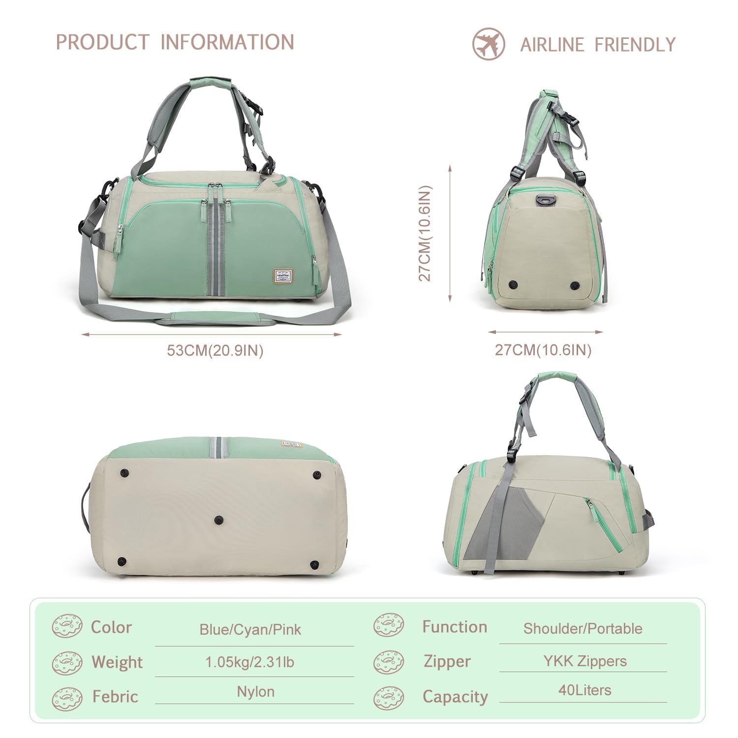 WindTook 40L Borsa Sportiva da Donna Zaino 2 in 1 Borsa da Fitness Borsa da Viaggio Borsa da Allenamento con Scomparto per Scarpe Borsone Borsa da Ballo Weekender Sport Fitness Yoga 53x27x27CM