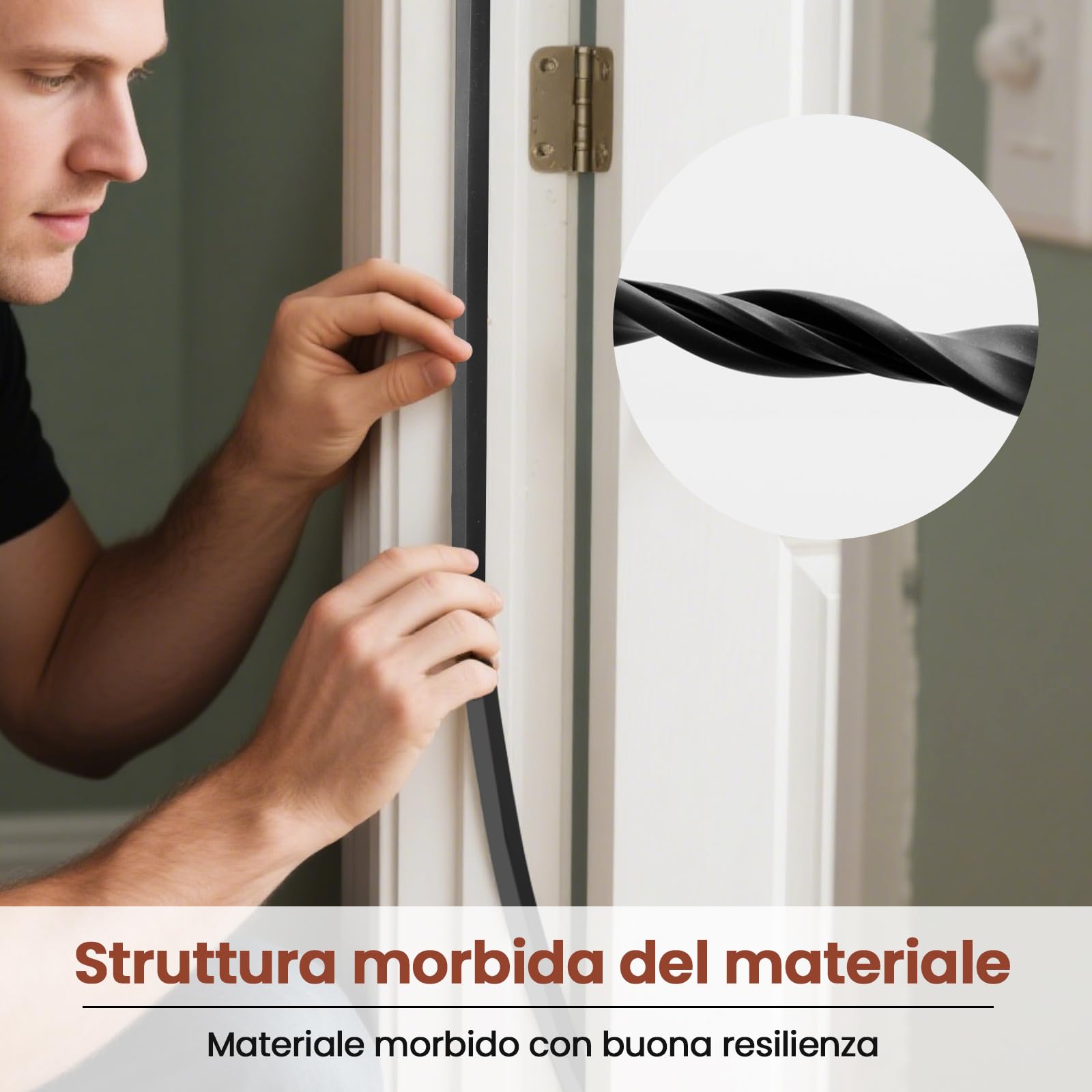 Guarnizione Porta, Guarnizione Adesiva Bianca 12mm, Per Spazi Tra I Telai Delle Porte E Antivento Mpermeabile Insonorizzazione, 5m/10m/15m/20m/30m Disponibili (Nero-20m)