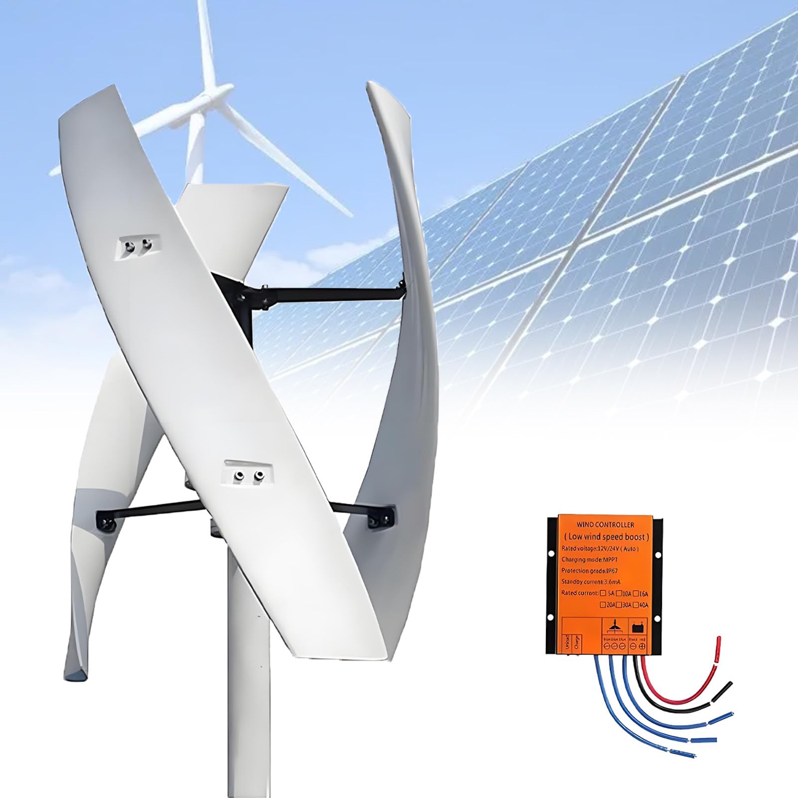 Ofyphth 12v/24v/48v Wind Turbine Generator Kit, Magnetic Levitation Wind Turbine, 3-Colors Vertical Axis Wind Turbine Generator, Mppt Controller, for Home. A-48V