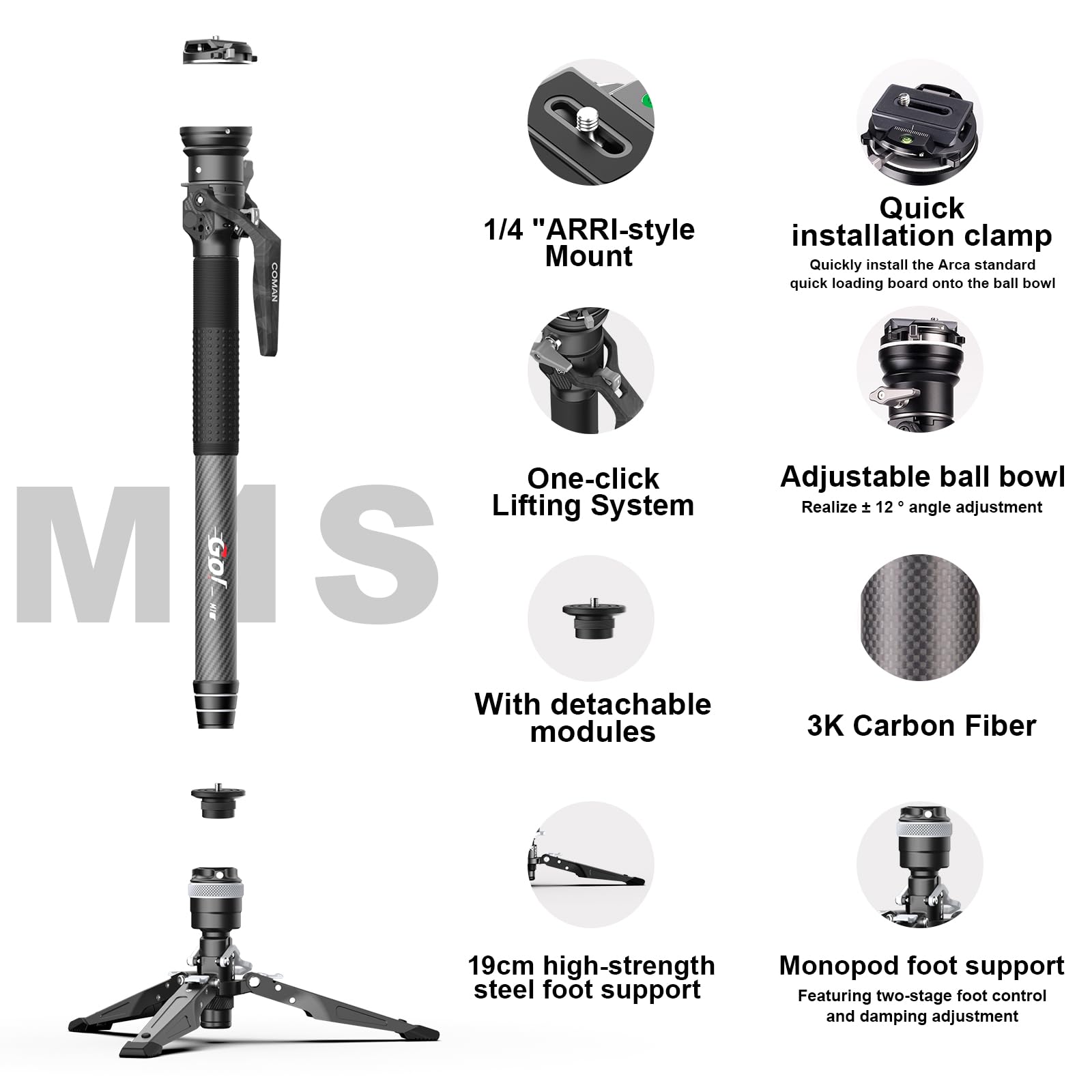Monopode pour Appareil Photo, Monopode Extensible en Fibre de Carbone avec Pieds, 165cm avec tête à 360°, système de Fixation Rapide Arca, Charge Max 10 kg Caméra monopied (M1S)