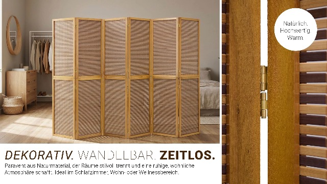 Homestyle4u Paravent 6-teilig Shoji  Holz Wei Mit Bambus Motiv, Raumteiler  264x178 Cm Paravent Outdoor Holz