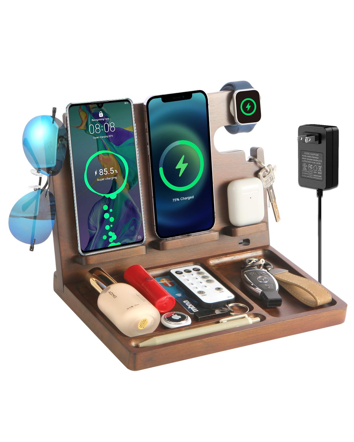 Wood Wireless Charging Station for Multiple Devices,27W Nightstand Organizer Charger Fast Charging for iPhone,Apple Watch,AirPods,2 Phone and Watch Docking Station,Birthday, for Men