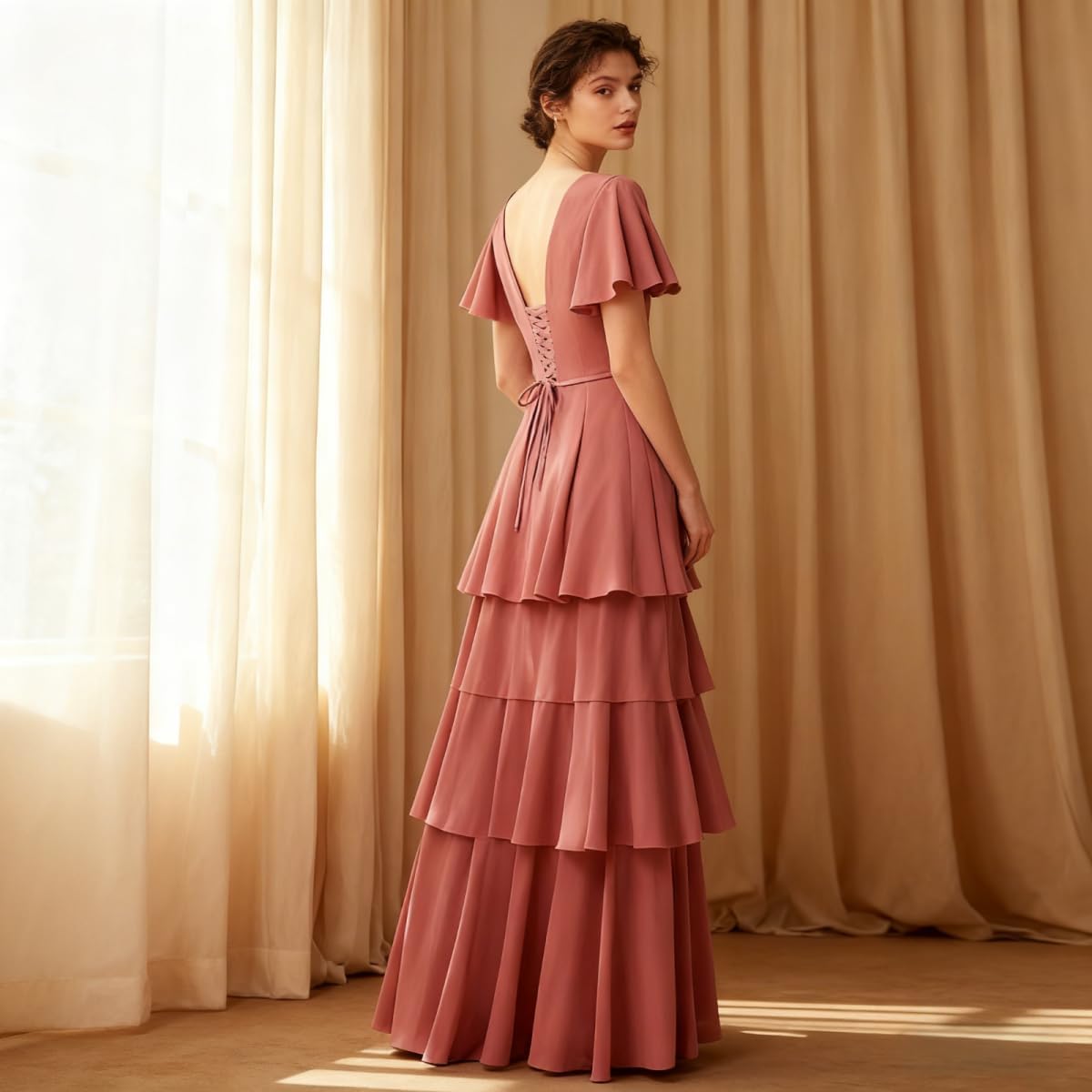 homdor Tiered Ruffles Bridesmaid Dresses for Women 2026 V Neck Chiffon Formal Evening Dresses with Sleeves - Image 7