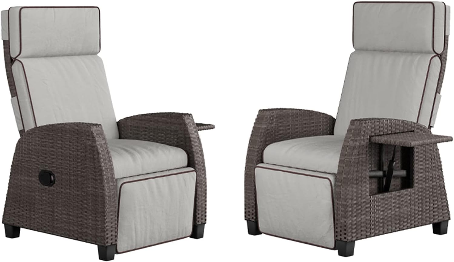 Grand patio Outdoor Recliners Set of 2 Patio Recliner Chair, All-Weather Wicker Reclining Patio Chairs, Flip-up Side Table, Recliner Chair, Griege