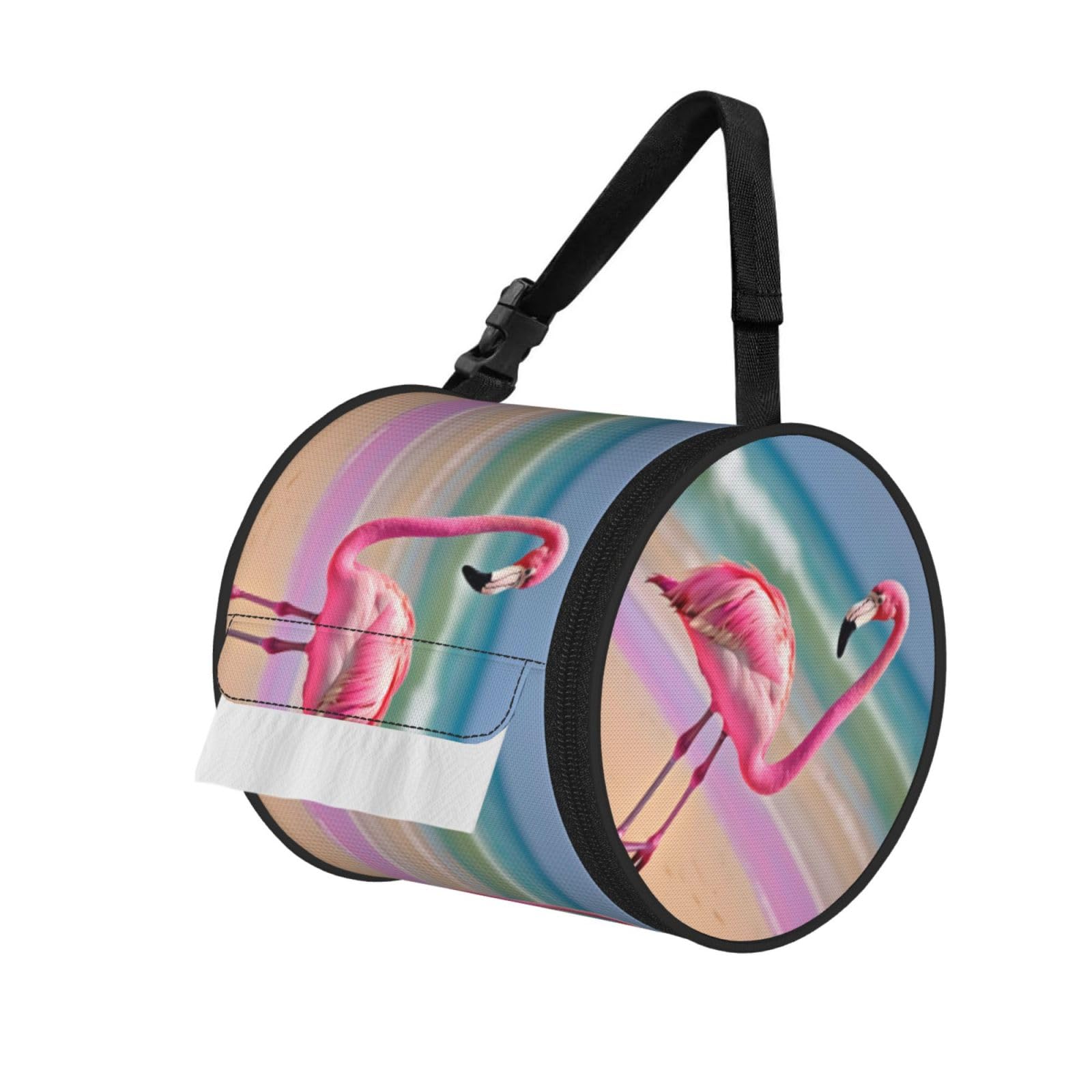 Jiuty Black One Pink Flamingo On Beach Print Cylinder Tissue Organizer Bag With Strap, Portable Toilet Roll Holder For Camping Car