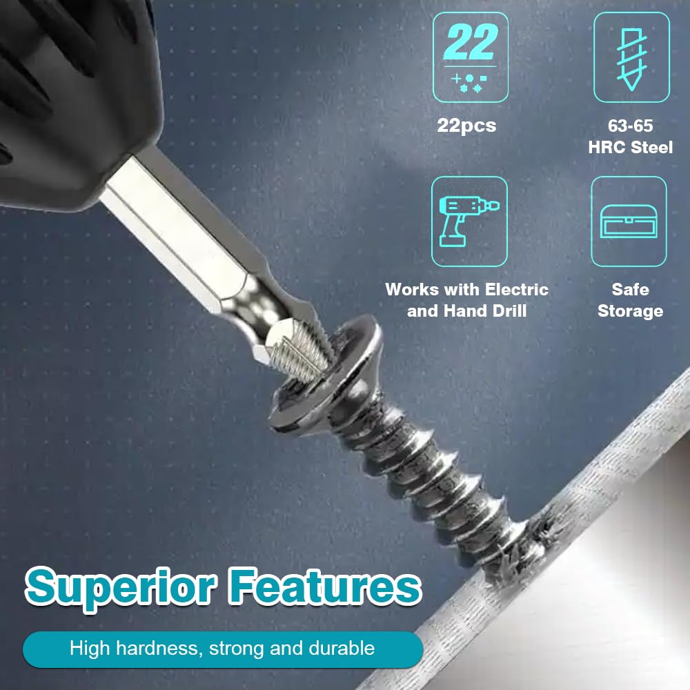 22pcs Screw Extractor Set, Stripped Screw Removal Tool, with Separate Burnishing & Magnetic Extension Bit for 2-12mm Screws Bolts - Image 4