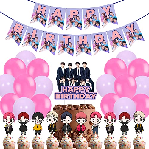 Image of Party Propz BTS Birthday Decorations - 52 Pcs, Birthday Decoration Items For Girls | Happy Birthday Decorations For Girls | Pink & Purple Metallic Balloons For Decoration With Cake Topper