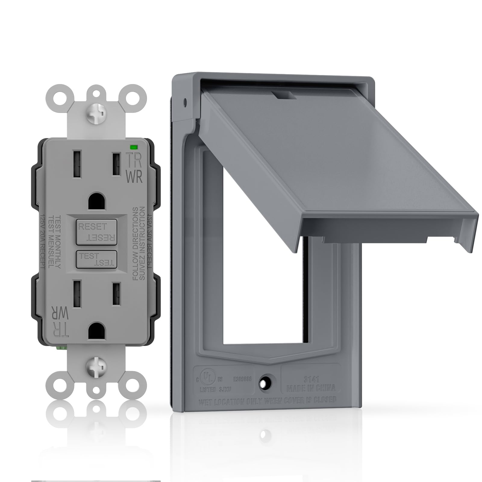 AIDA Prise GFCI 20 A avec couvercle et plaque murale résistants aux intempéries, réceptacle duplex pour salle de bain, cuisine, garage, utilisation en extérieur, certifié UL, gris, 1 pièce