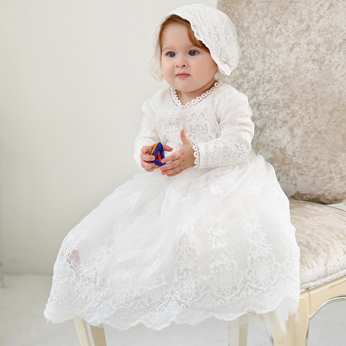 CAMDOM Baby Mädchen Spitze Taufkleid Langarm Prinzessin Taufe Party Kleid mit Hut