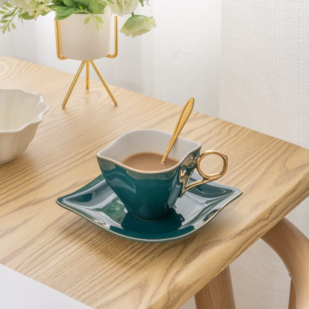 Juego de Tazas de té con Forma de rombo y Cuchara, Tazas de Porcelana con platillos, Soporte de Metal para café, té y café.