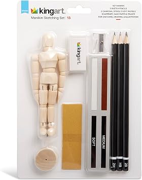 KINGART 13 Pc Sketching & Drawing Set w/Posable Manikin, Graphite Pencils, Pastels, Charcoal & Sharpener for All Skill Levels