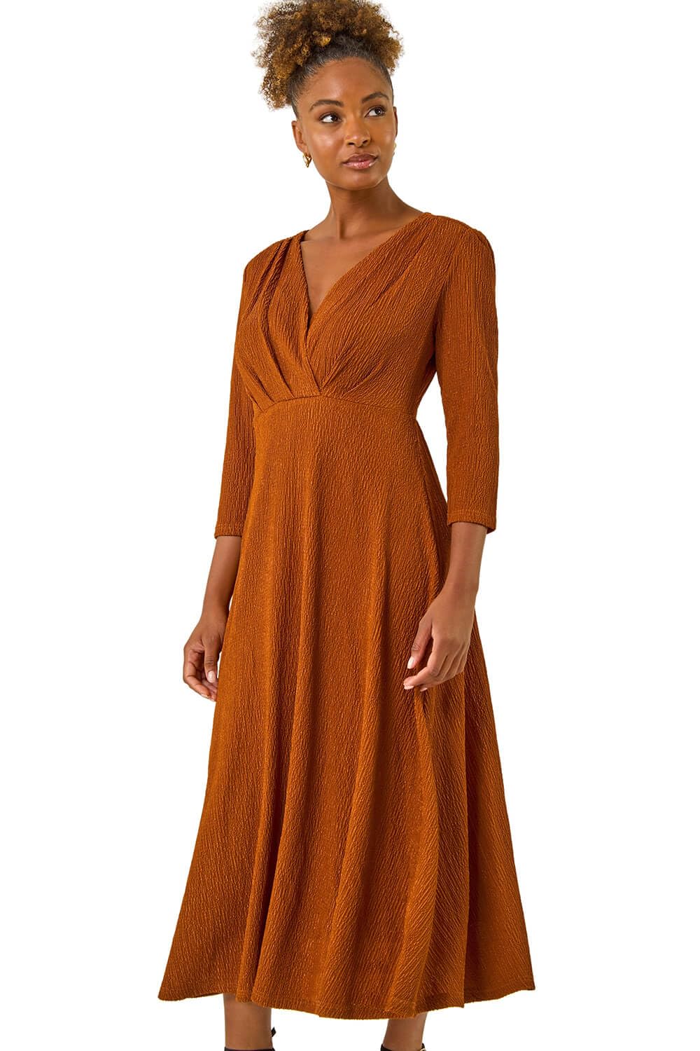 Roman Women's Textured Wrap Midi Dress in Copper | Size: 14