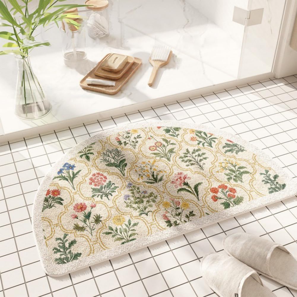vctops Half Circle Bathroom Rugs, Spring Floral Print Absorbent Microfiber Bath Rugs, Non Slip Quick Dry Bath Mats for Bathroom Floor, Tub and Shower,
