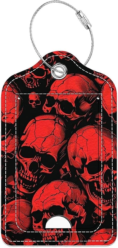Luggage Tags,Horror Manga Style Red Skulls Design, Double-Sided Privacy Cover ID Labels with Stainless Steel Loop and Address Card for Travel Bag Suitcase