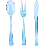 WDF 180 Pieces Blue Plastic Silverware Disposable - Clear Blue Cutlery Sets 60 Forks, 60 Knives and 60 Spoons - Heavy Duty Utensils for Party, Wedding, Graduation