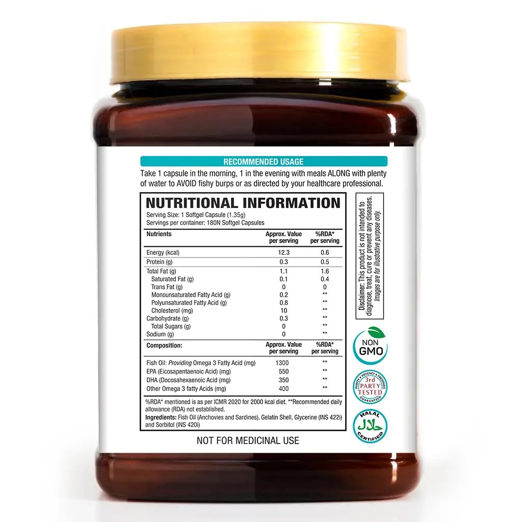 WOW Life Science Omega-3 Fish Oil 1300 mg Triple Strength - 550mg EPA & 350mg DHA for Joints, Heart & Brain Health - Bottle of 180 Capsules 2