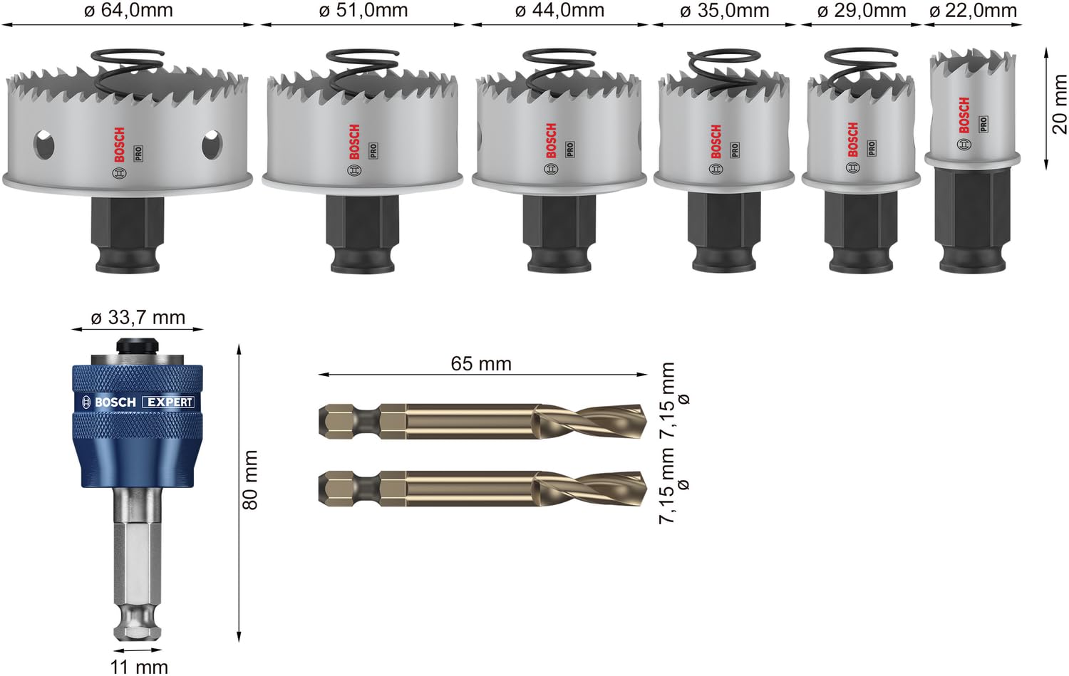 Bosch 8x Set de sierras de corona PRO Sheet Metal Power Change Plus (para Láminas de acero inoxidable, Láminas de acero, Ø 22, 29, 35, 44, 51, 64 mm, Professional Accesorios Taladro)