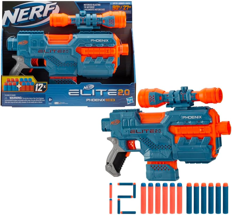 Elite 2.0 Phoenix Cs 6 Motorized Blaster, 12 Official Nerf Darts, 6 Dart Clip, Scope, Tactical Rails, Barrel And Stock Attachment Points