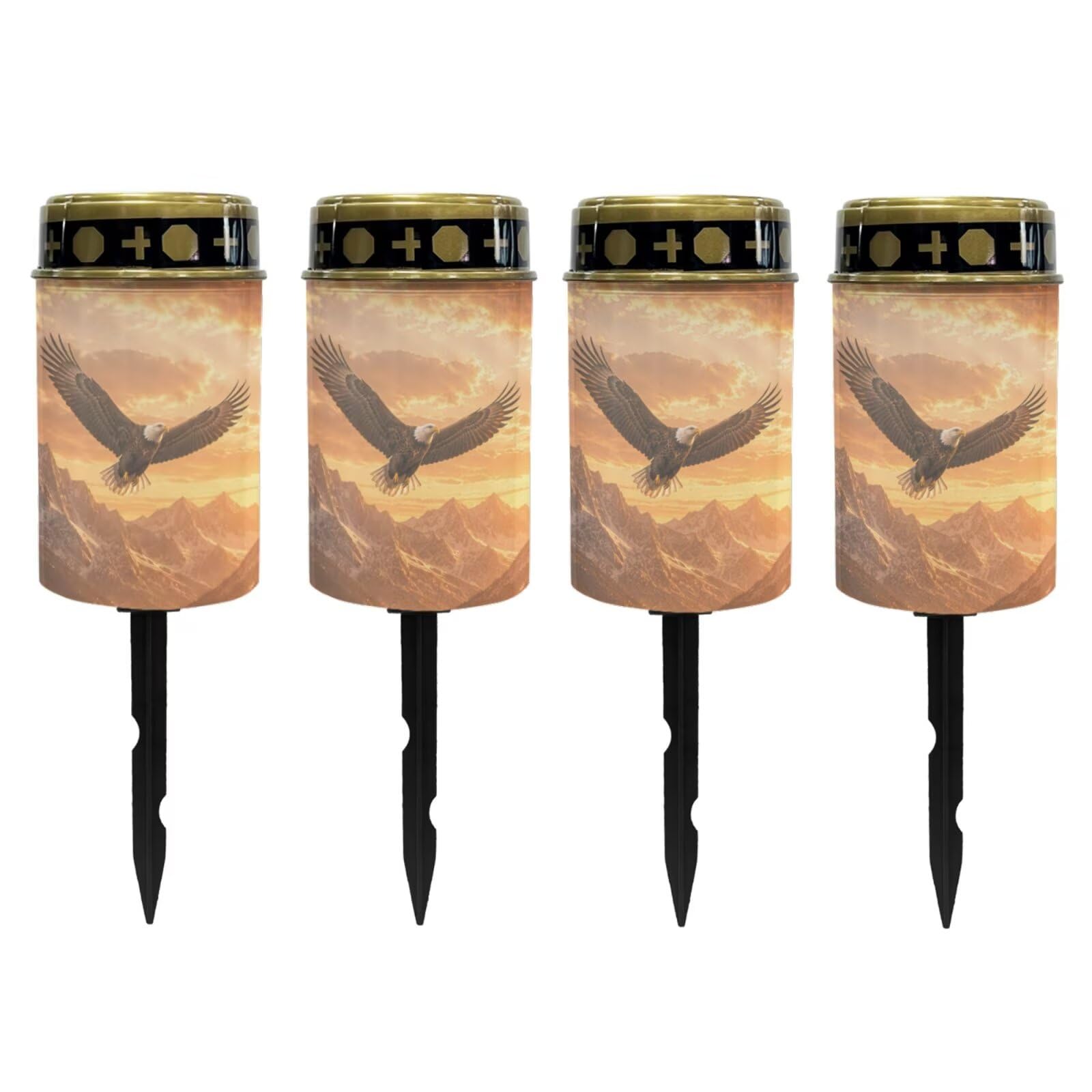 Poceacles Solar Lights Outdoor Grave Candle for Cemetery Decoration Solar Outdoor Lights for Garden Lawn Backyard Pathway Decor, Eagle Mountain Sunset Pattern, 4 Pack