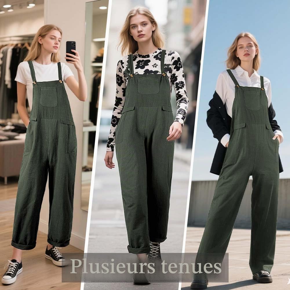 Salopette Femme, Combinaison en Coton Ample et Décontracté Femme avec Bretelles Réglables et Poches, Salopette de Travail Ete Fluide Chic, Pantalon de Travail D'été Ample